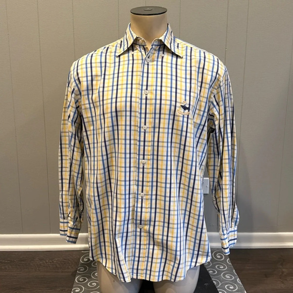 Faconnable Men’s Medium Button Down Dress Shirt Embroidered Logo Plaid - Picture 1 of 6